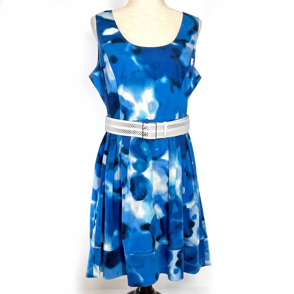 Ellen Tracy Blue Watercolor Pleated Dress Size 14